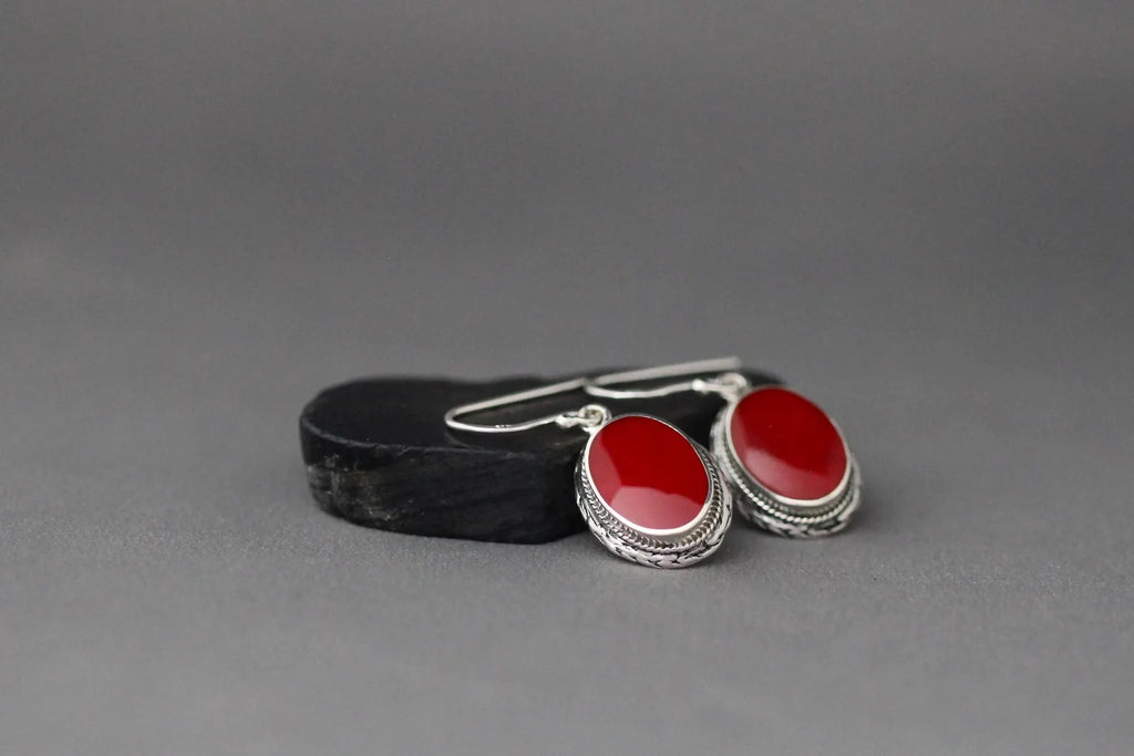 Red Coral and Bali Silver Earrings