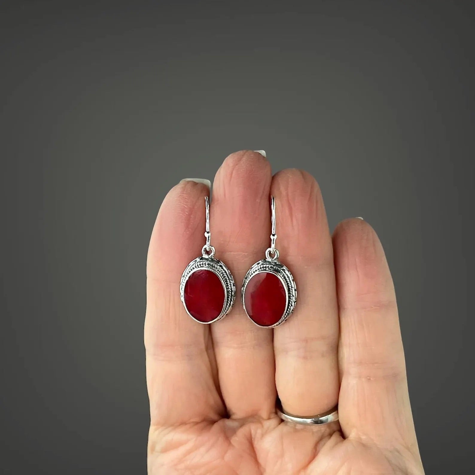 Red Coral and Bali Silver Earrings