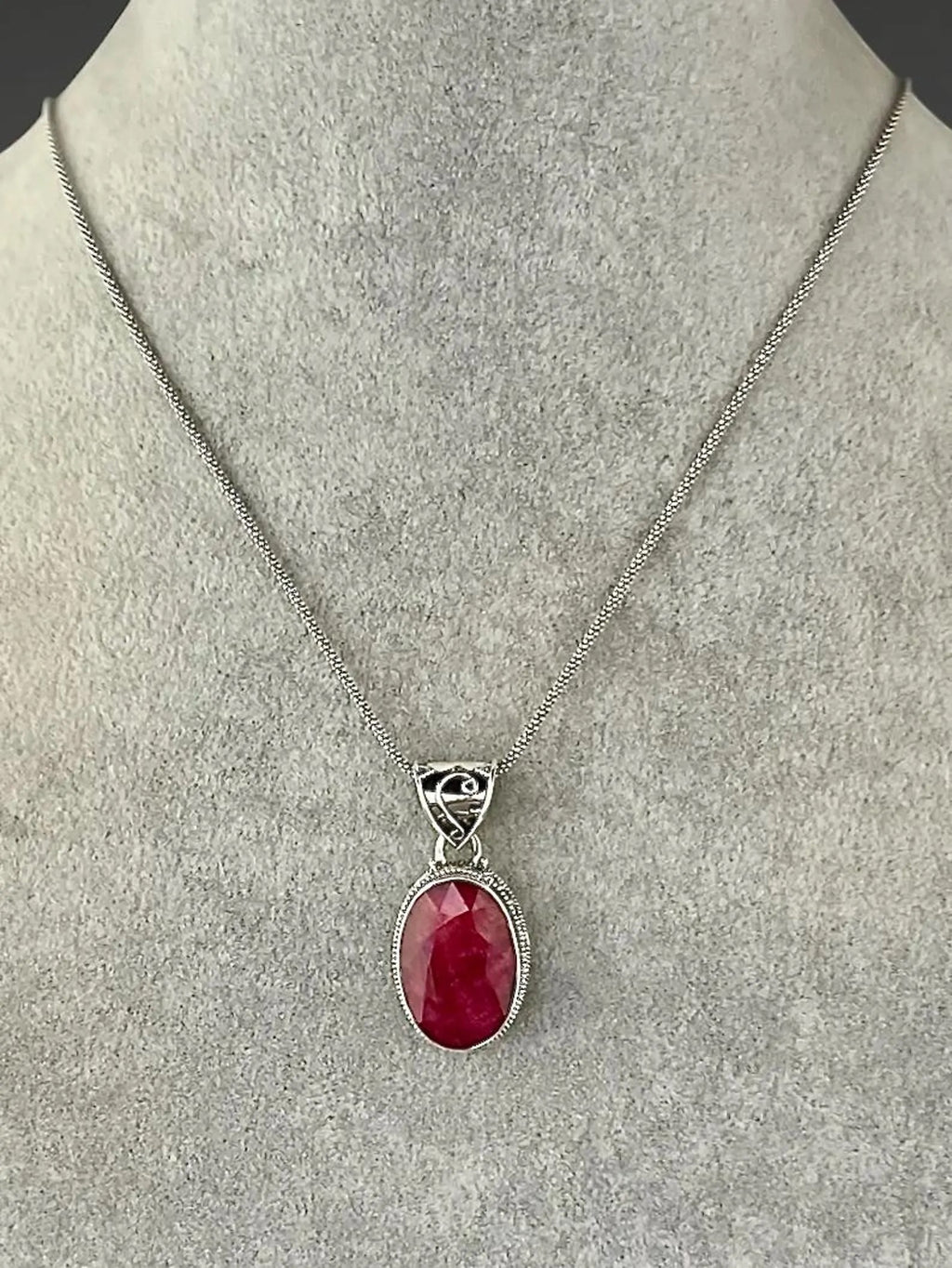 Sterling silver red oval gemstone pendant necklace on thin cable chain