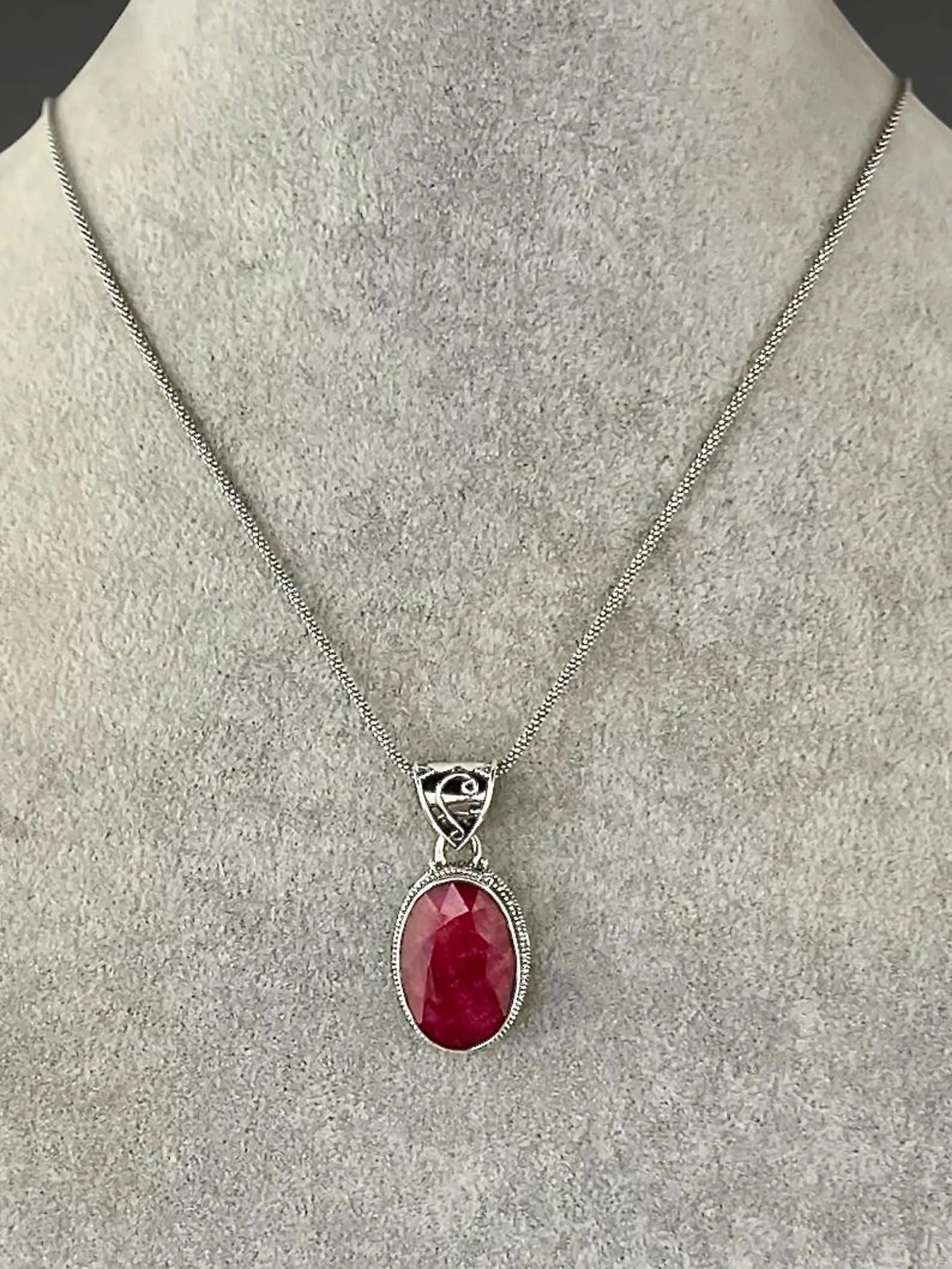 Sterling silver red oval gemstone pendant necklace on thin cable chain