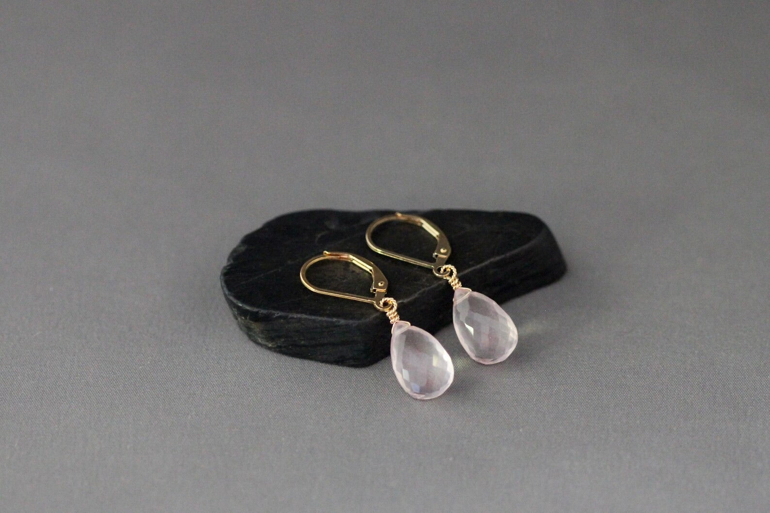 Rose Quartz Teardrop Earrings on 14k Gold Filled Leverbacks