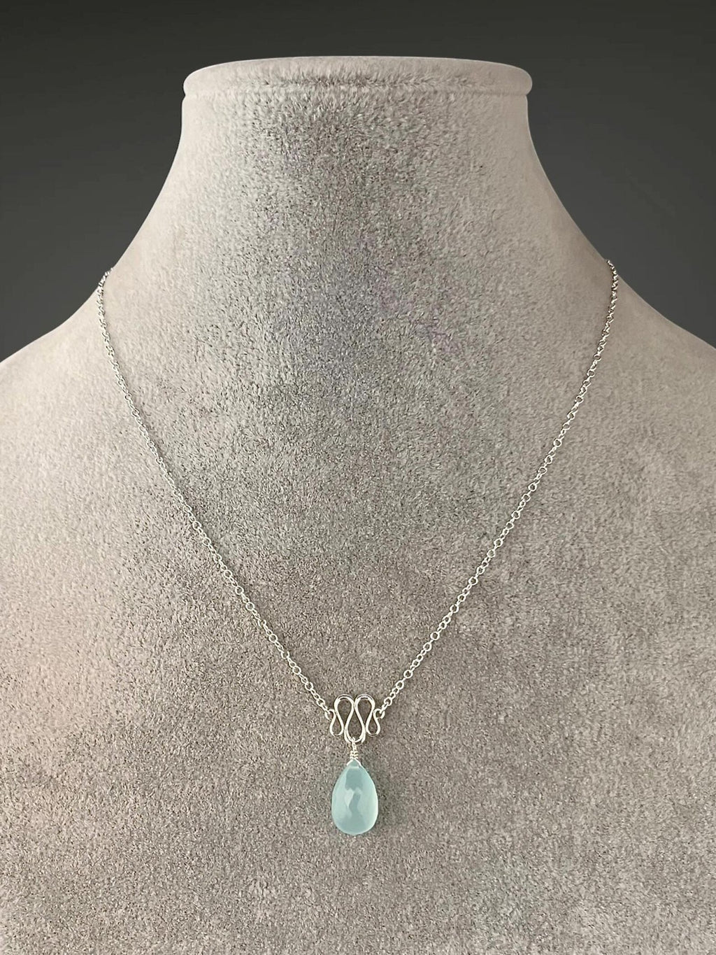 Aqua Chalcedony Teardrop Necklace on Sterling Silver Ribbon Link