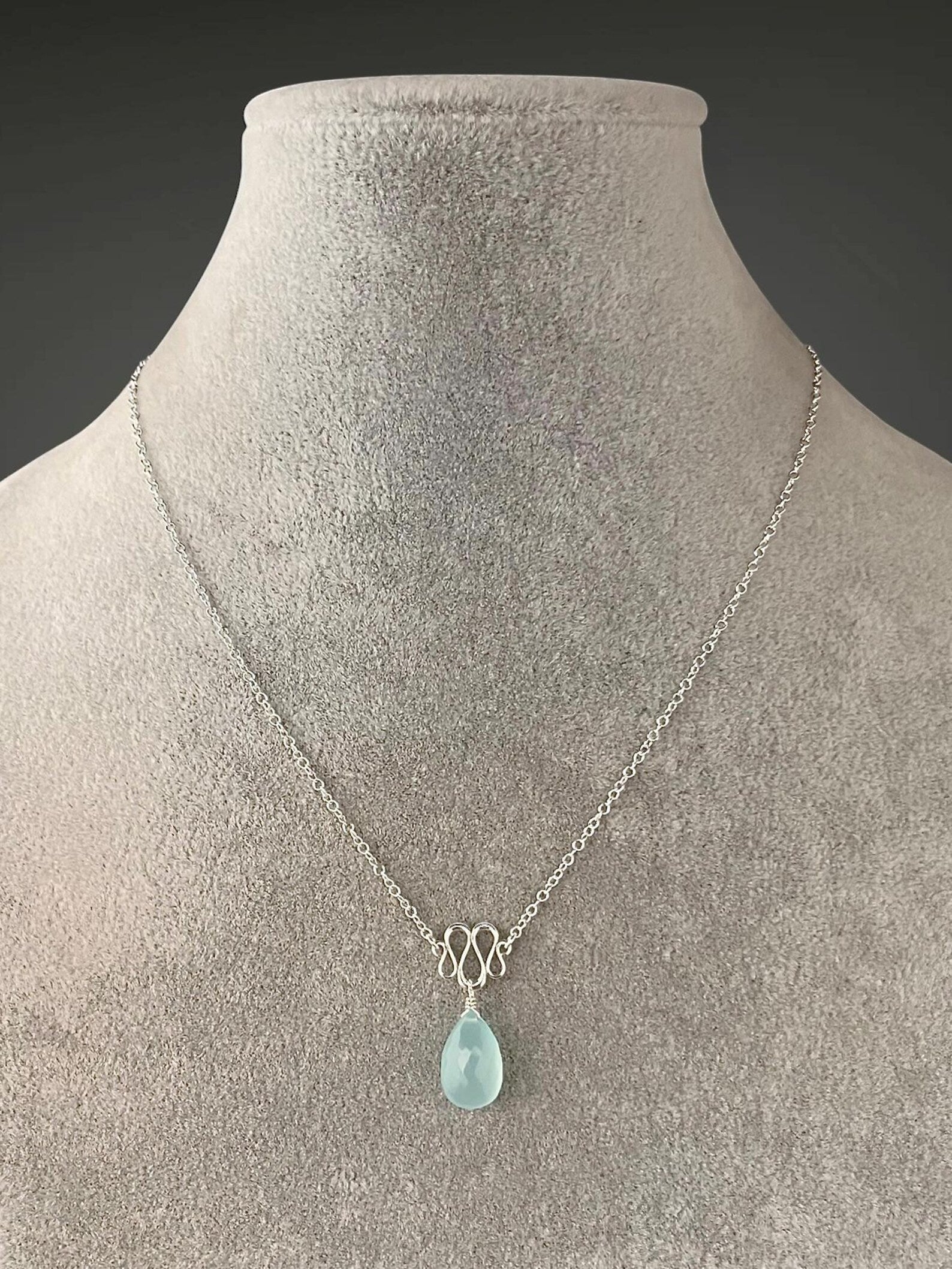 Aqua Chalcedony Teardrop Necklace on Sterling Silver Ribbon Link