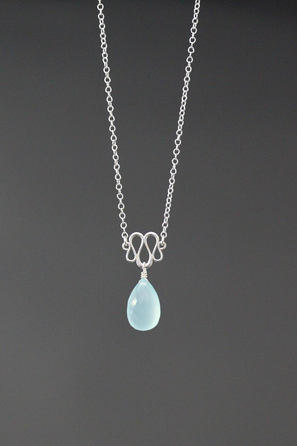 Aqua Chalcedony Teardrop Necklace on Sterling Silver Ribbon Link