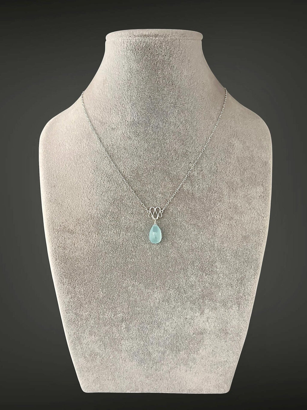 Aqua Chalcedony Teardrop Necklace on Sterling Silver Ribbon Link