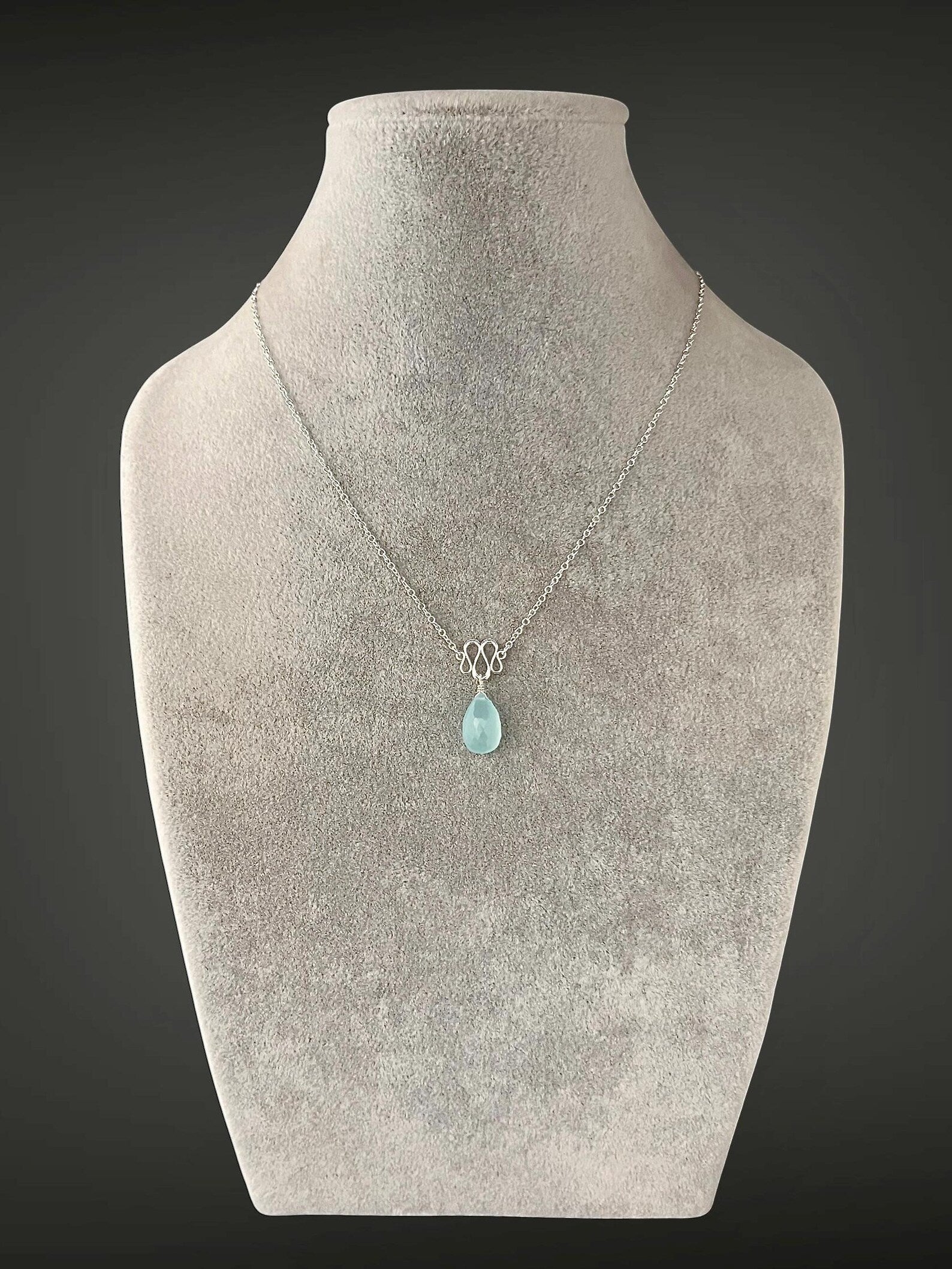 Aqua Chalcedony Teardrop Necklace on Sterling Silver Ribbon Link