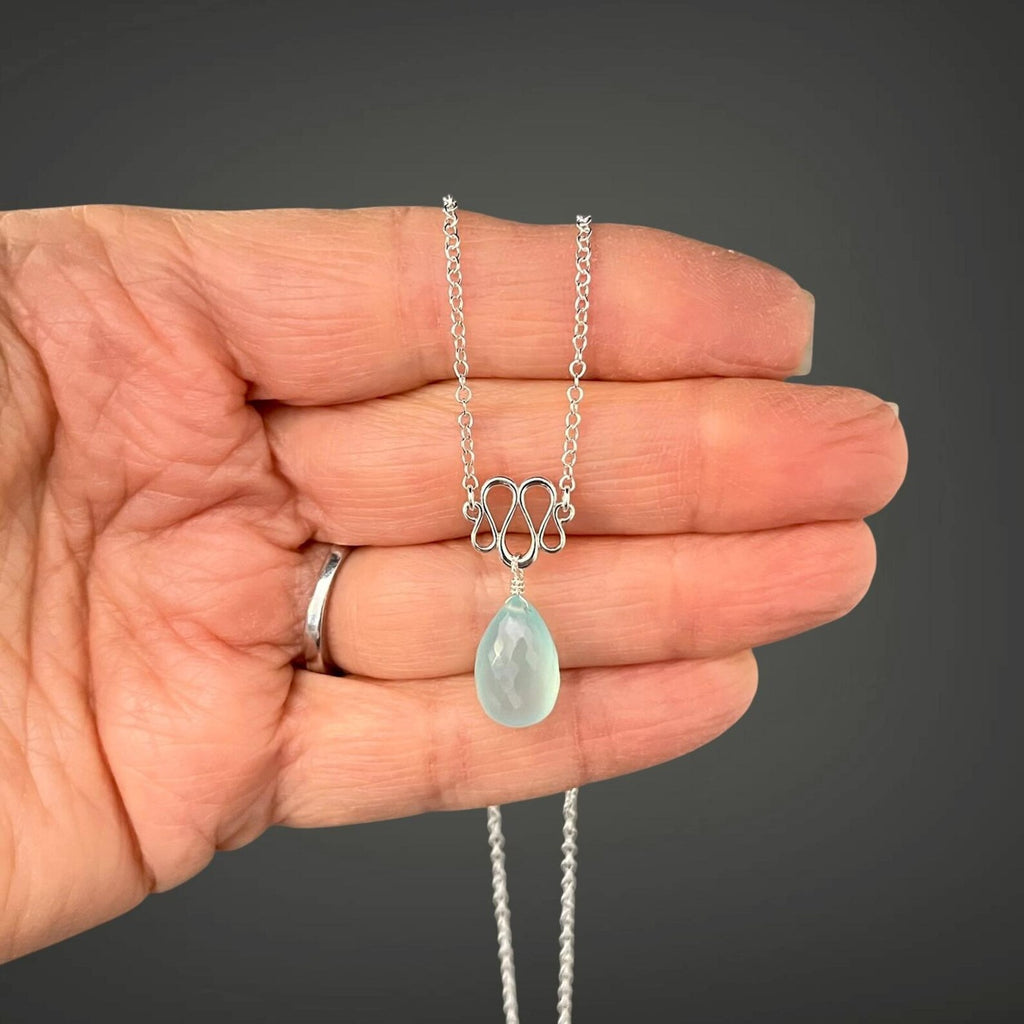 Aqua Chalcedony Teardrop Necklace on Sterling Silver Ribbon Link