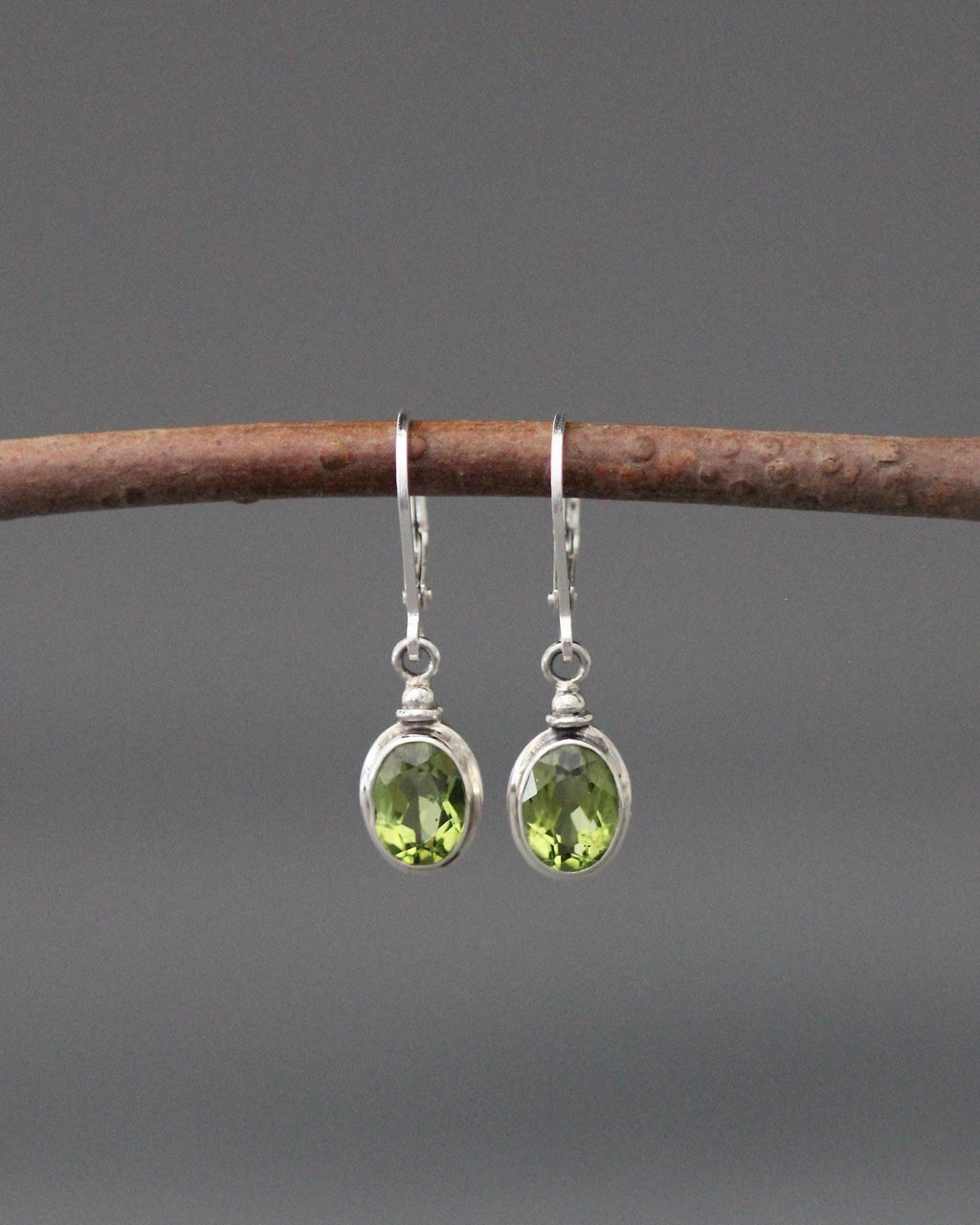 Bezel-Set Green Peridot Earrings on Sterling Silver