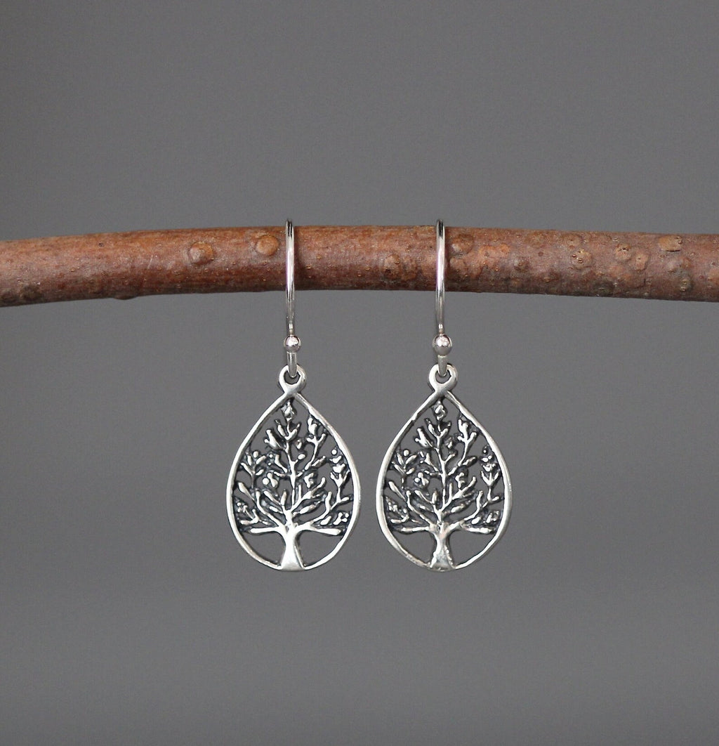 Bali Silver Tree of Life Teardrop Charm Earrings