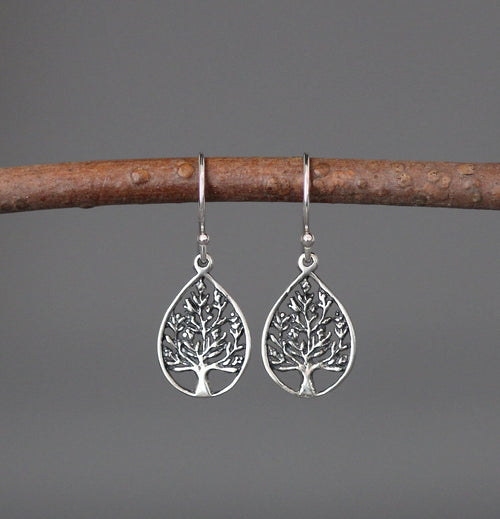 Silver teardrop dangle earrings with tree of life filigree design