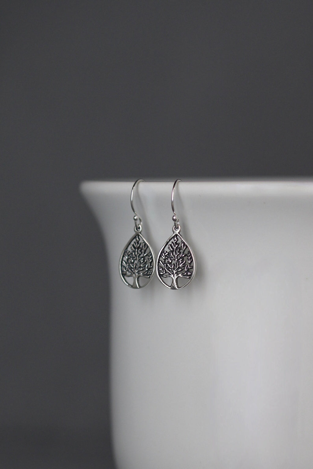 Bali Silver Tree of Life Teardrop Charm Earrings