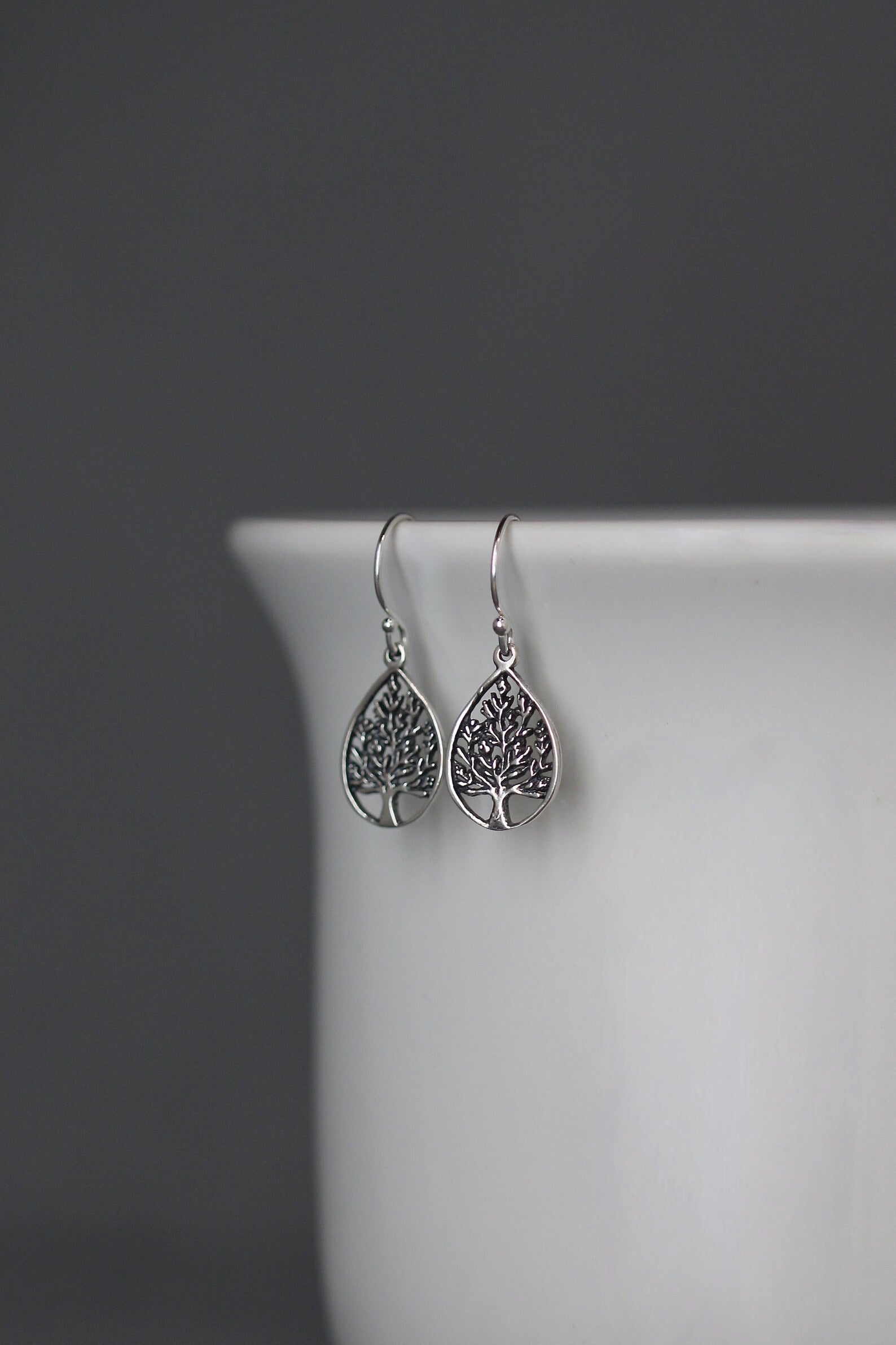 Bali Silver Tree of Life Teardrop Charm Earrings