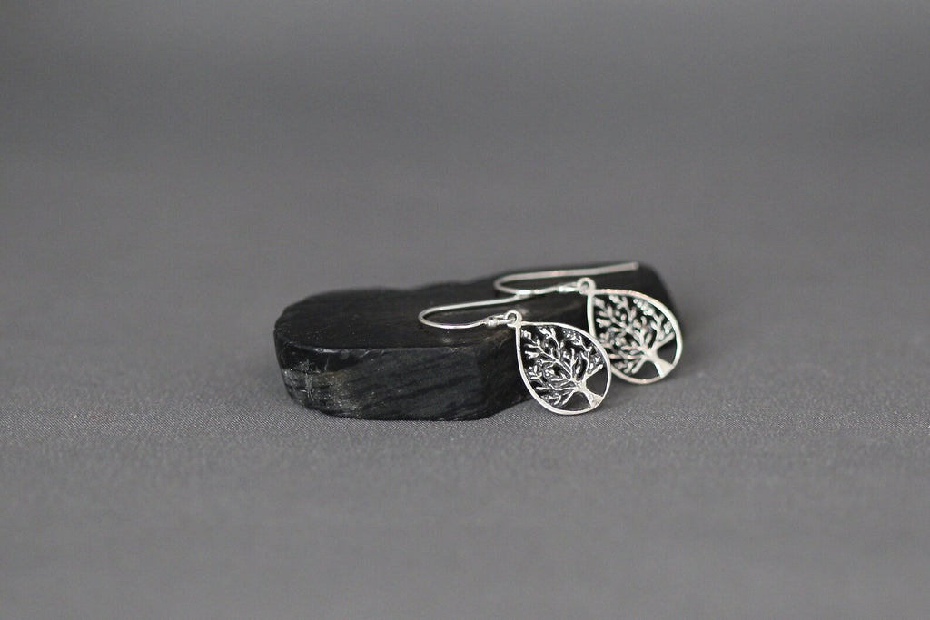 Bali Silver Tree of Life Teardrop Charm Earrings