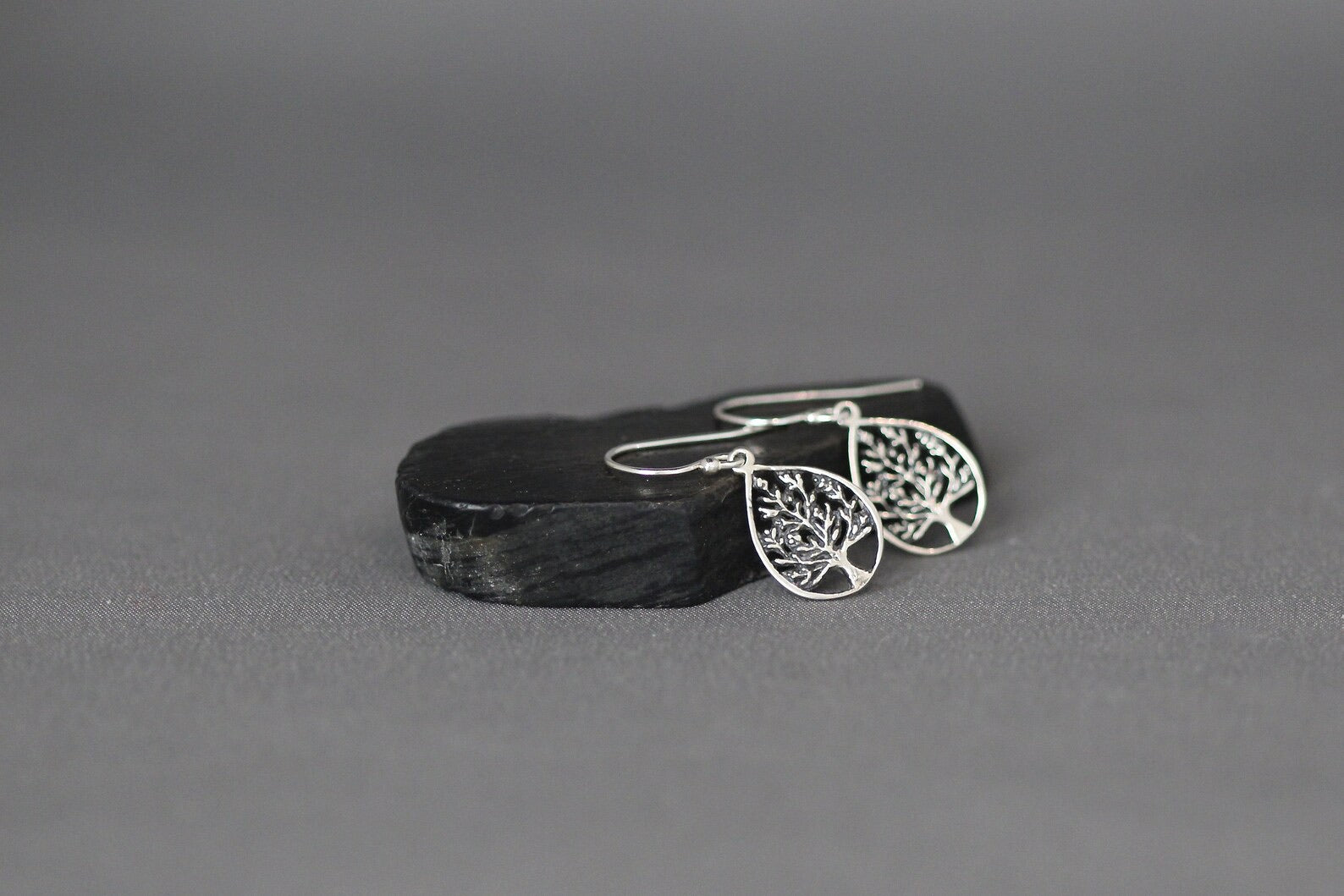 Bali Silver Tree of Life Teardrop Charm Earrings
