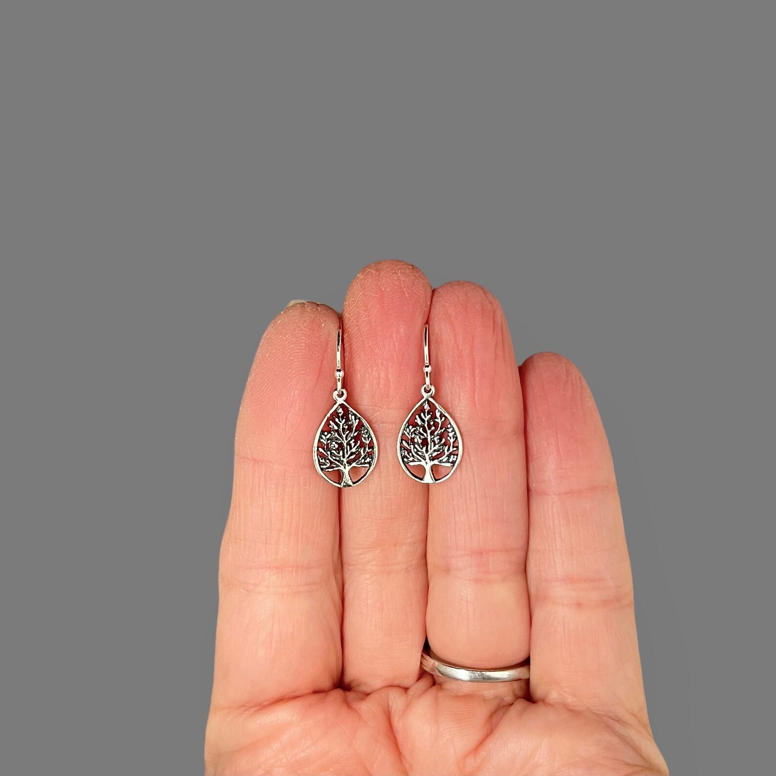 Bali Silver Tree of Life Teardrop Charm Earrings