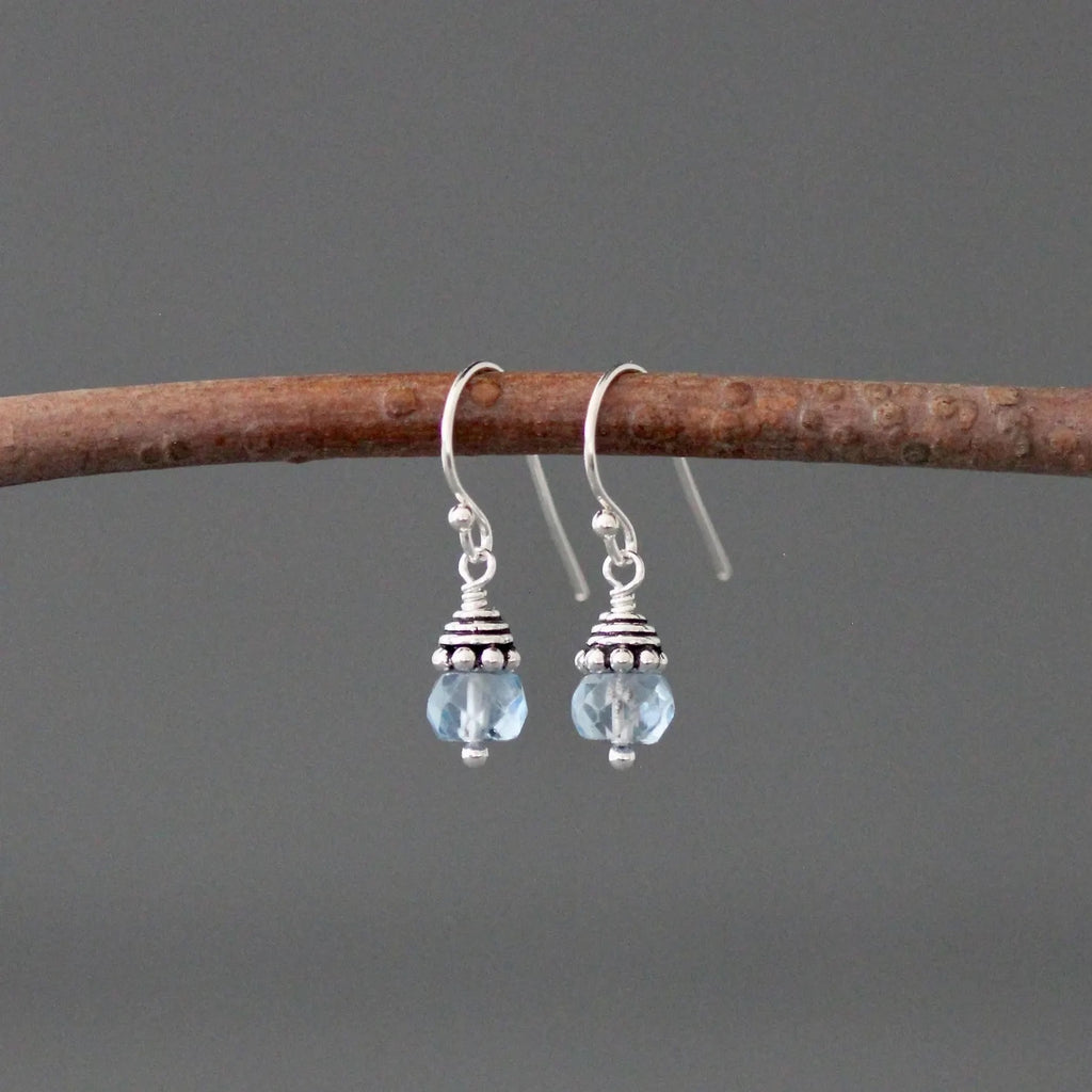 Silver earrings with blue beads hanging on a branch against a gray background
