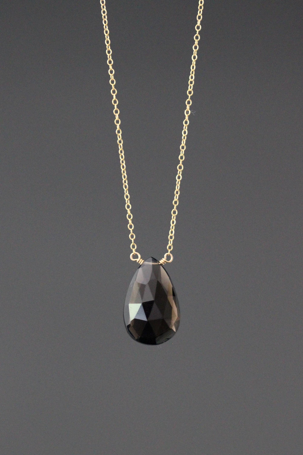 Brown Smokey Quartz Teardrop Pendant Necklace on 14k Gold Filled Chain