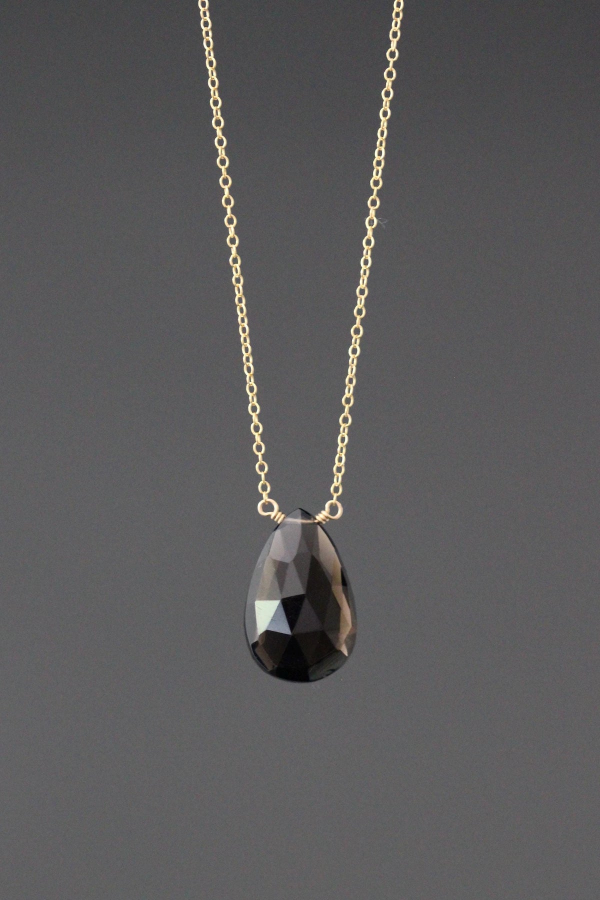 Brown Smokey Quartz Teardrop Pendant Necklace on 14k Gold Filled Chain