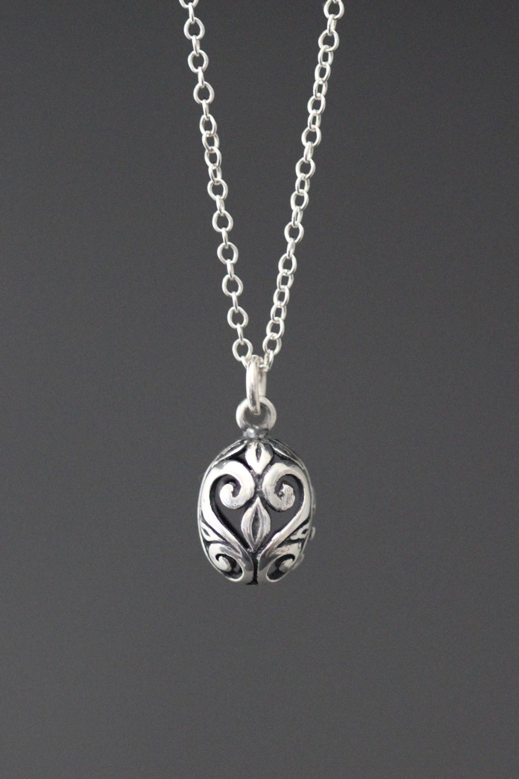 Bali Silver Filigree Egg Pendant Necklace on Open Link Chain