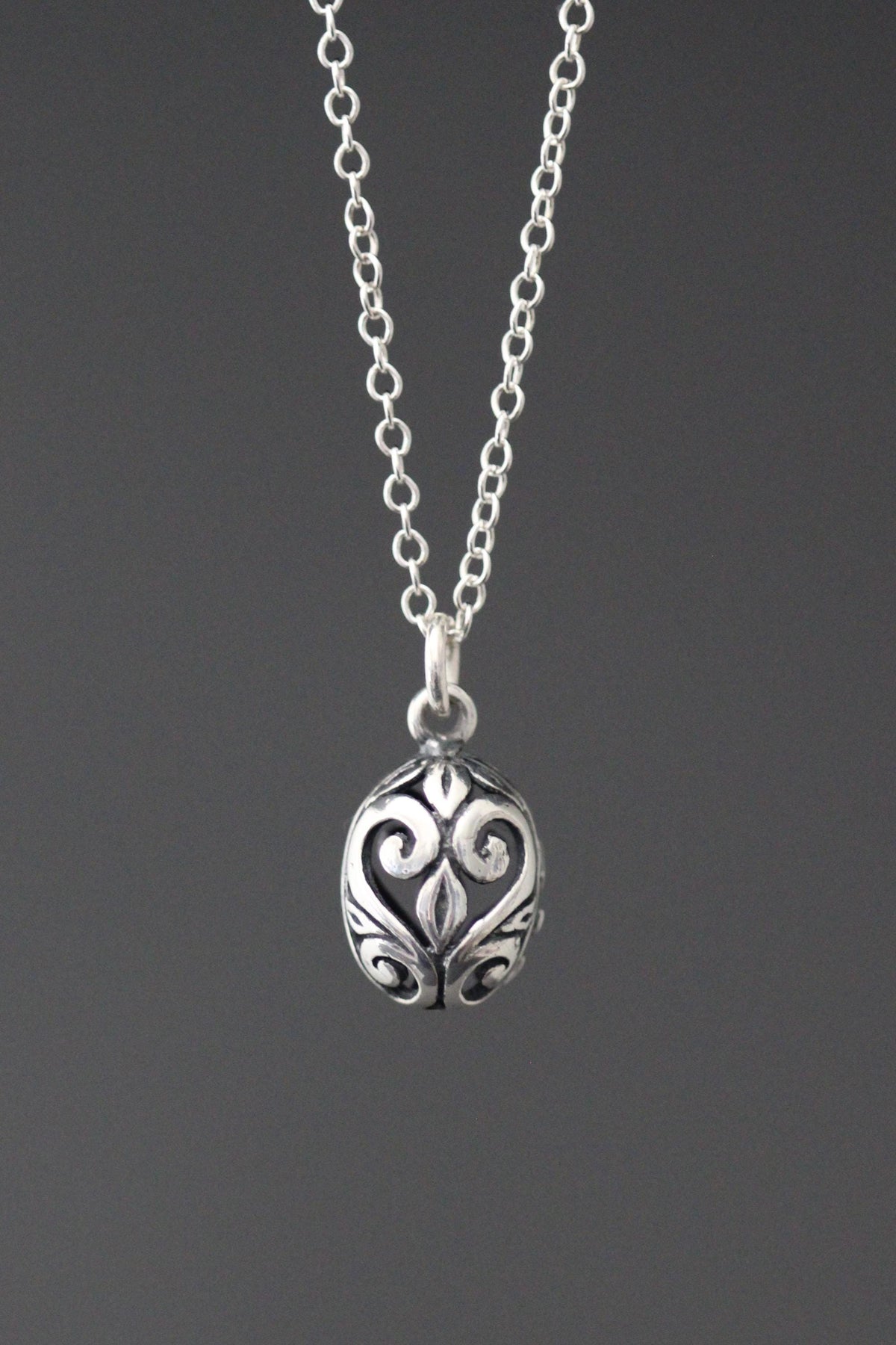 Bali Silver Filigree Egg Pendant Necklace on Open Link Chain
