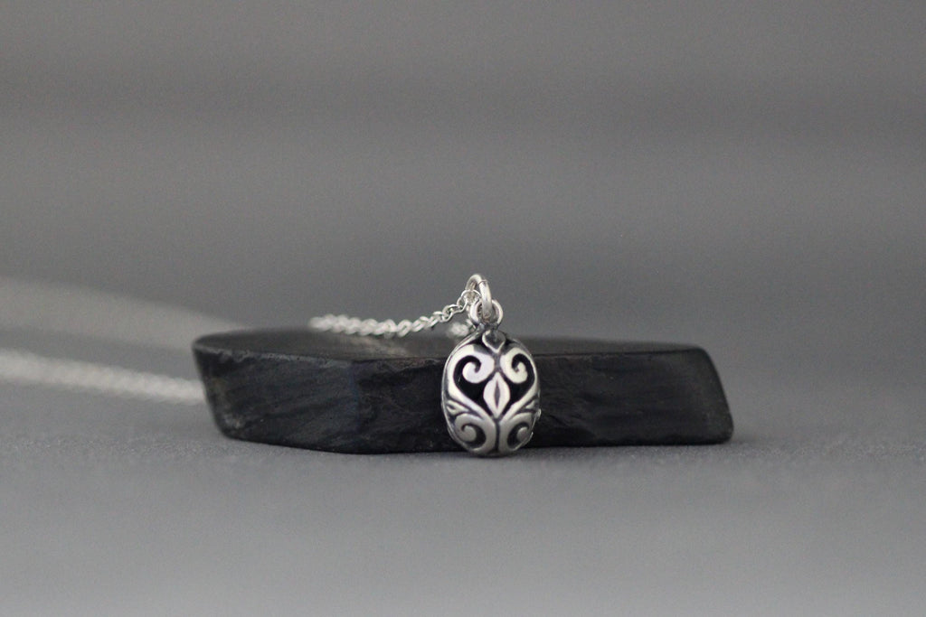 Bali Silver Filigree Egg Pendant Necklace on Open Link Chain
