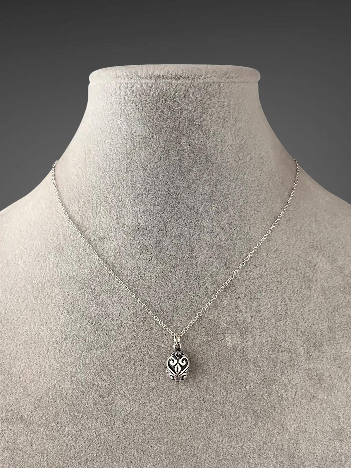 Bali Silver Filigree Egg Pendant Necklace on Open Link Chain