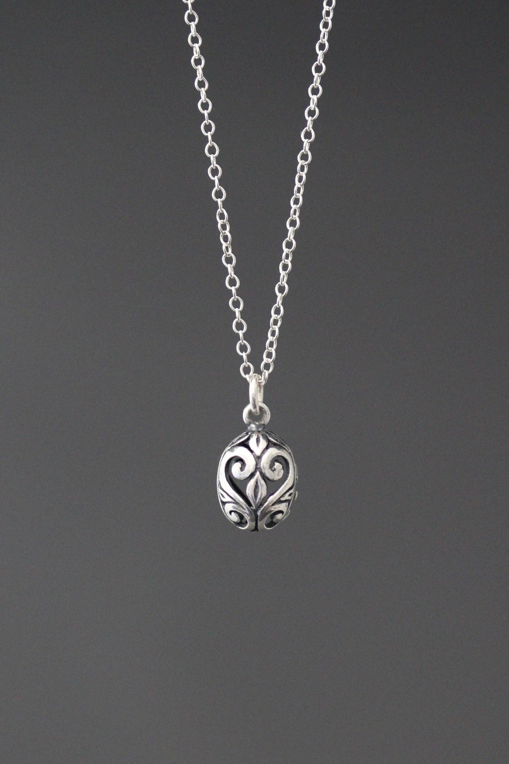 Bali Silver Filigree Egg Pendant Necklace on Open Link Chain