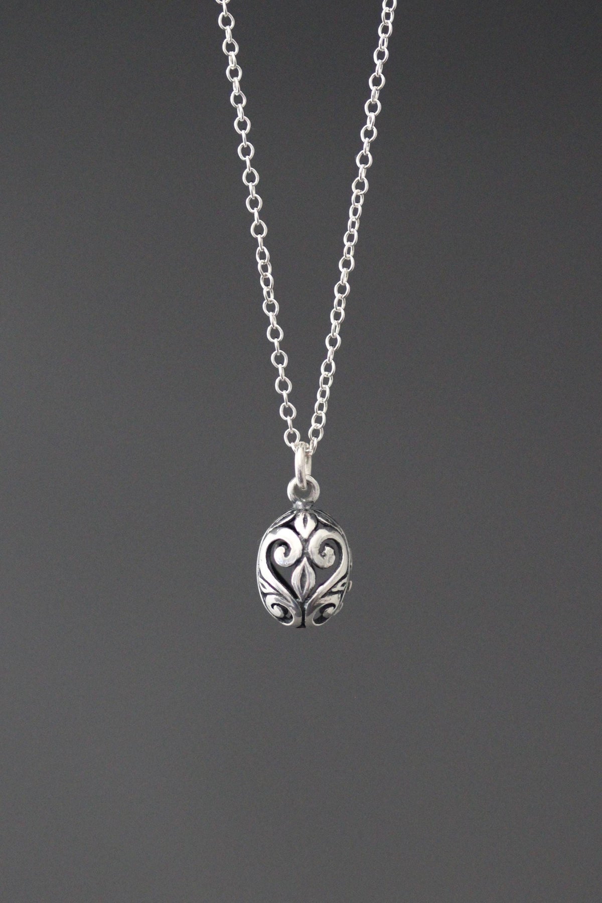 Bali Silver Filigree Egg Pendant Necklace on Open Link Chain