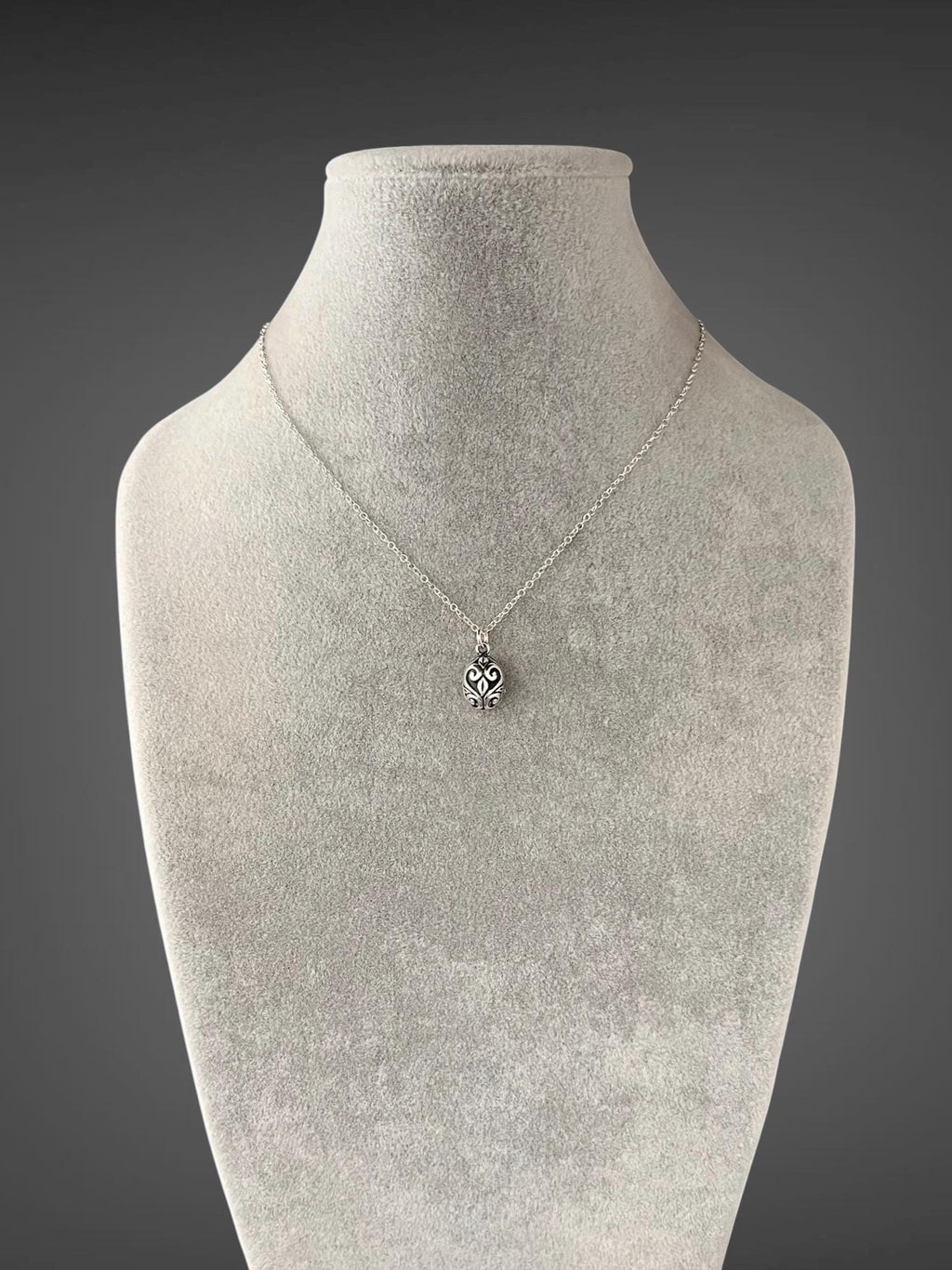 Bali Silver Filigree Egg Pendant Necklace on Open Link Chain