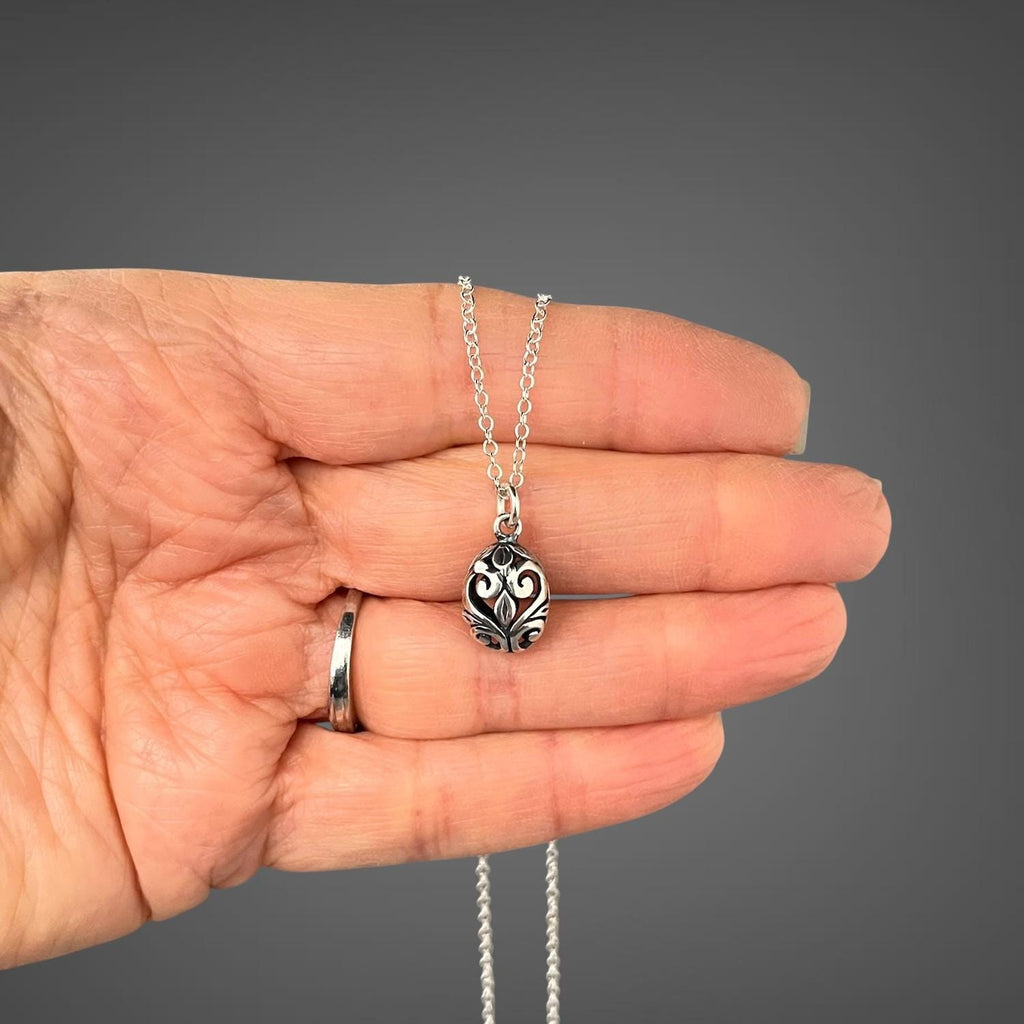 Bali Silver Filigree Egg Pendant Necklace on Open Link Chain