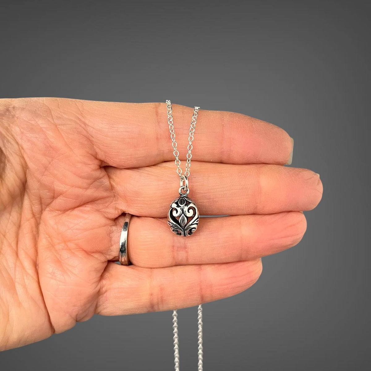 Bali Silver Filigree Egg Pendant Necklace on Open Link Chain