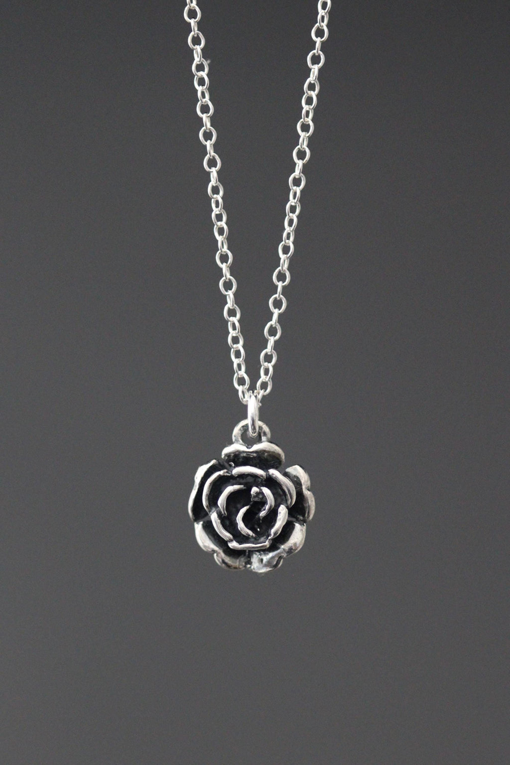 Bali Silver Rose Pendant Necklace on Open Link Chain