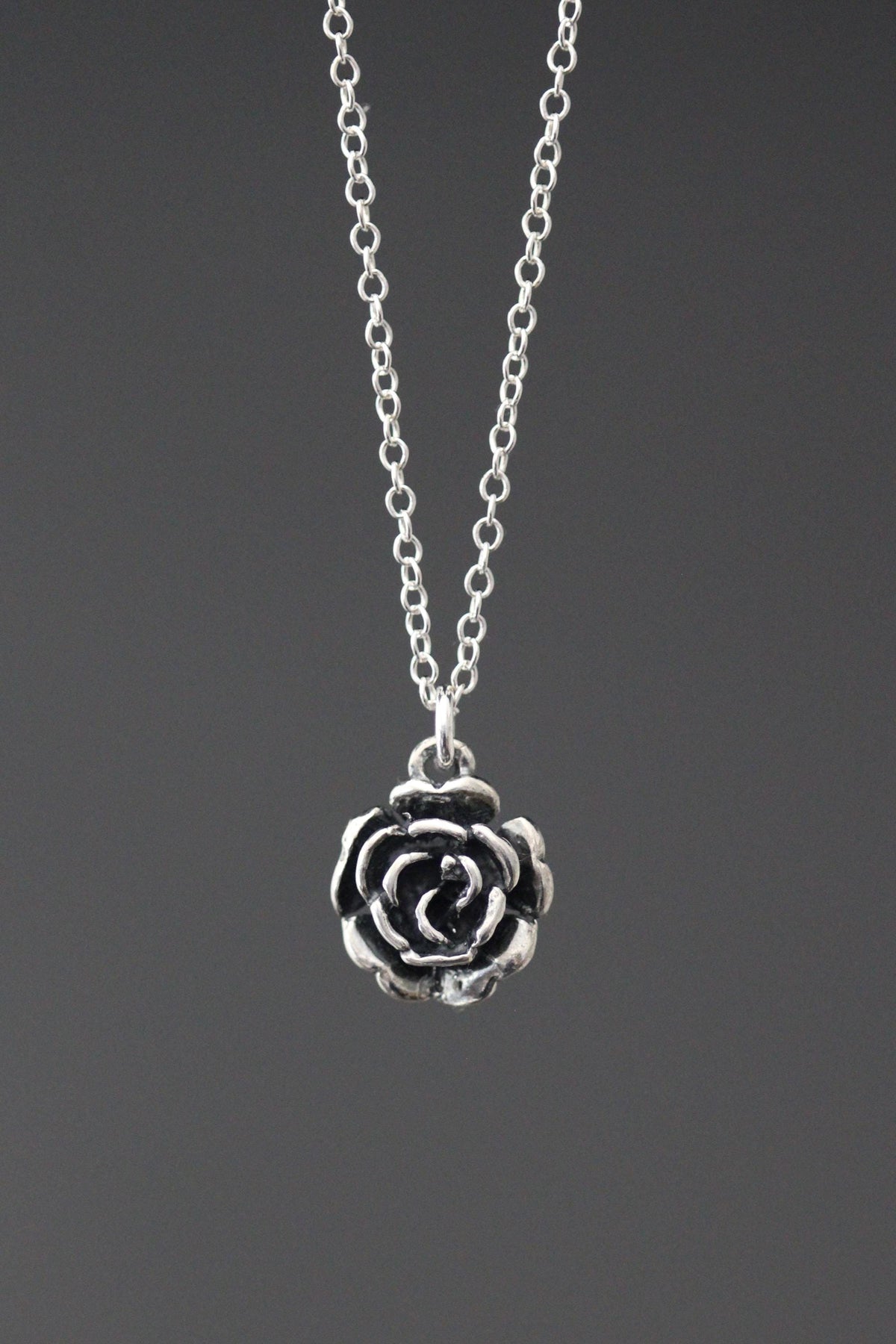 Bali Silver Rose Pendant Necklace on Open Link Chain