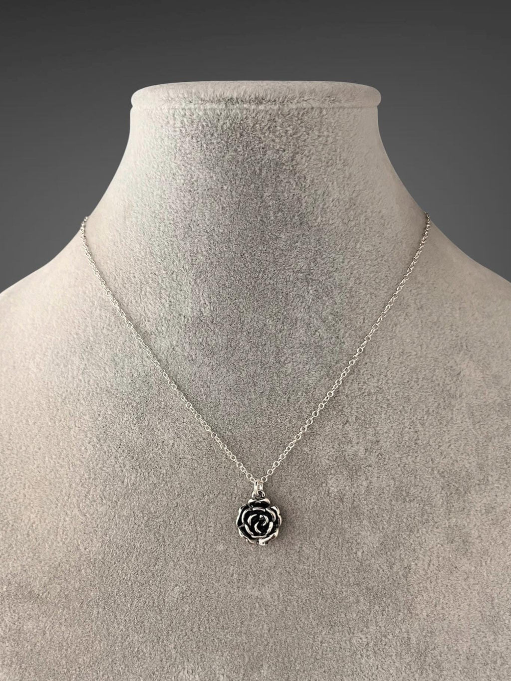 Bali Silver Rose Pendant Necklace on Open Link Chain