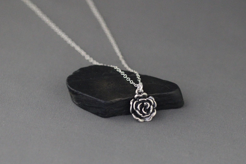 Bali Silver Rose Pendant Necklace on Open Link Chain
