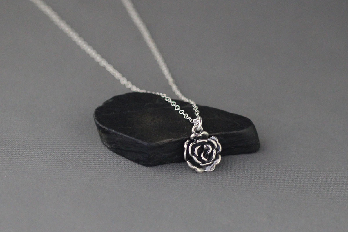 Bali Silver Rose Pendant Necklace on Open Link Chain