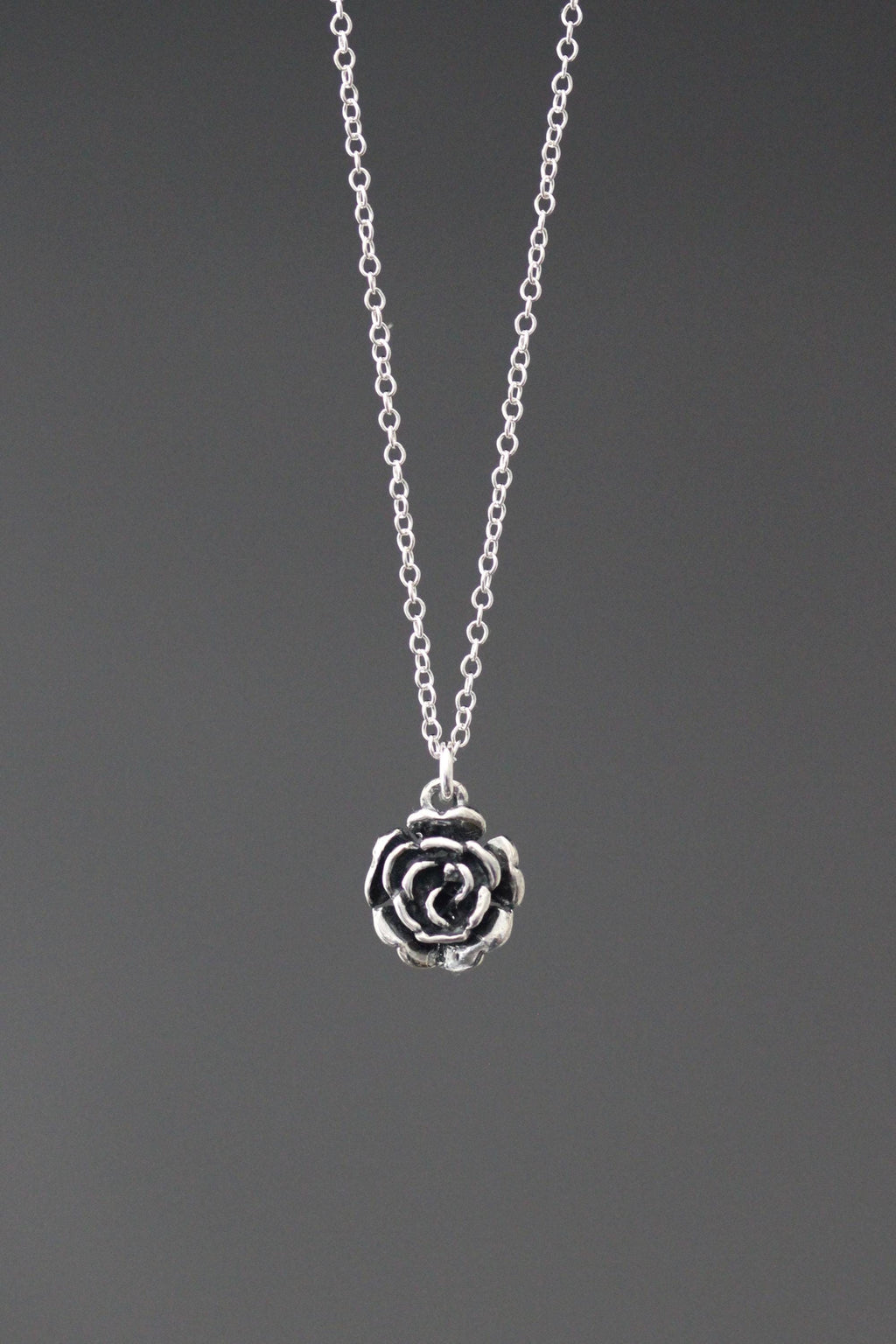 Bali Silver Rose Pendant Necklace on Open Link Chain