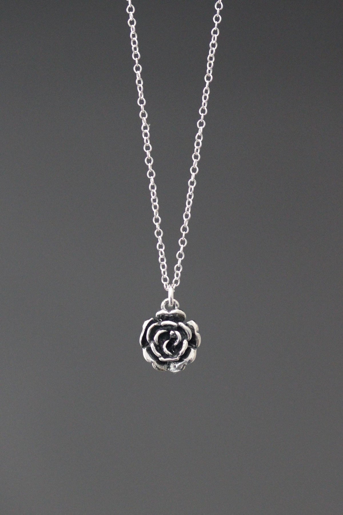 Bali Silver Rose Pendant Necklace on Open Link Chain