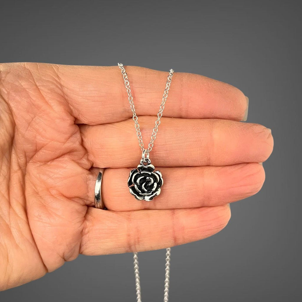 Bali Silver Rose Pendant Necklace on Open Link Chain