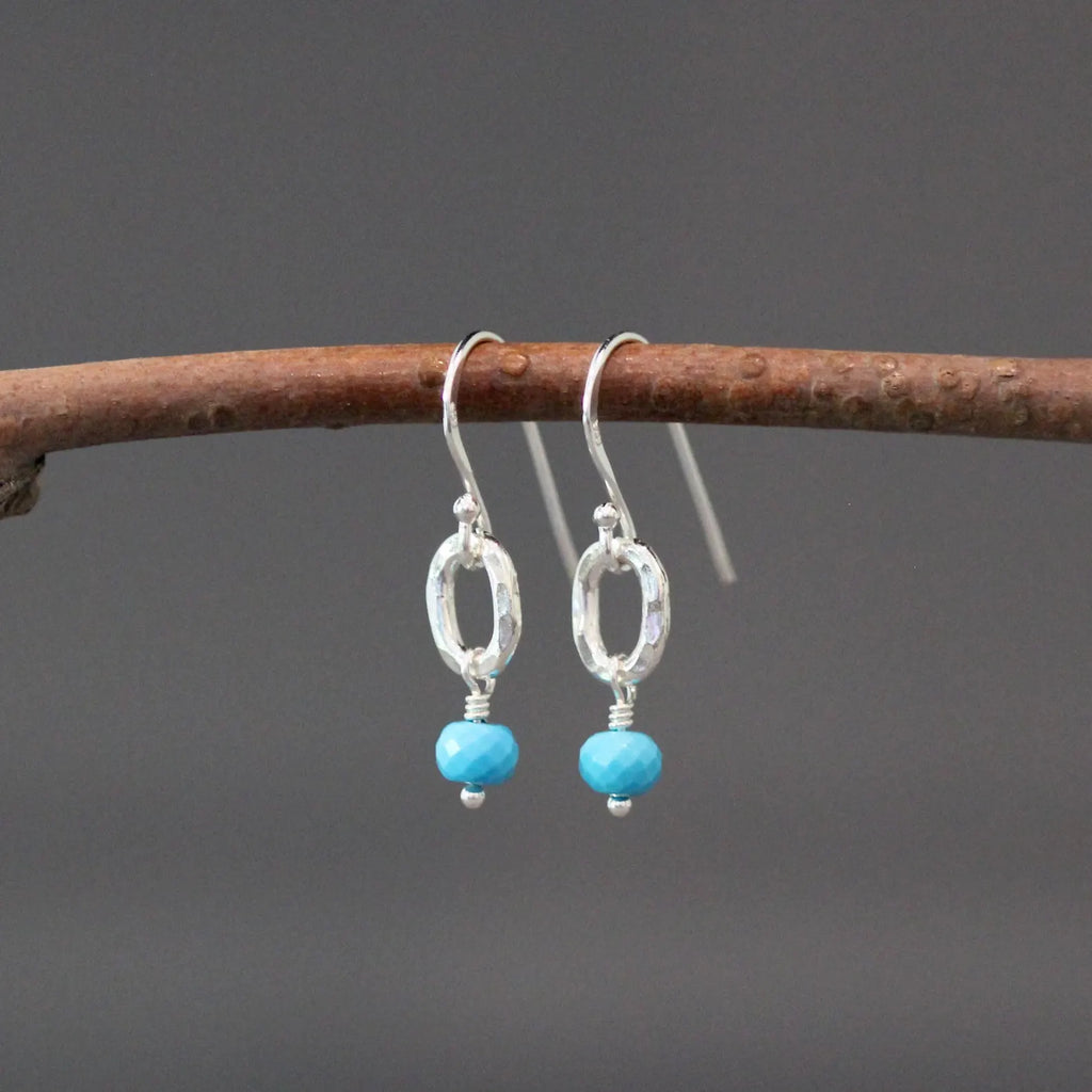 Blue Turquoise Button Stone Earrings on Sterling Silver