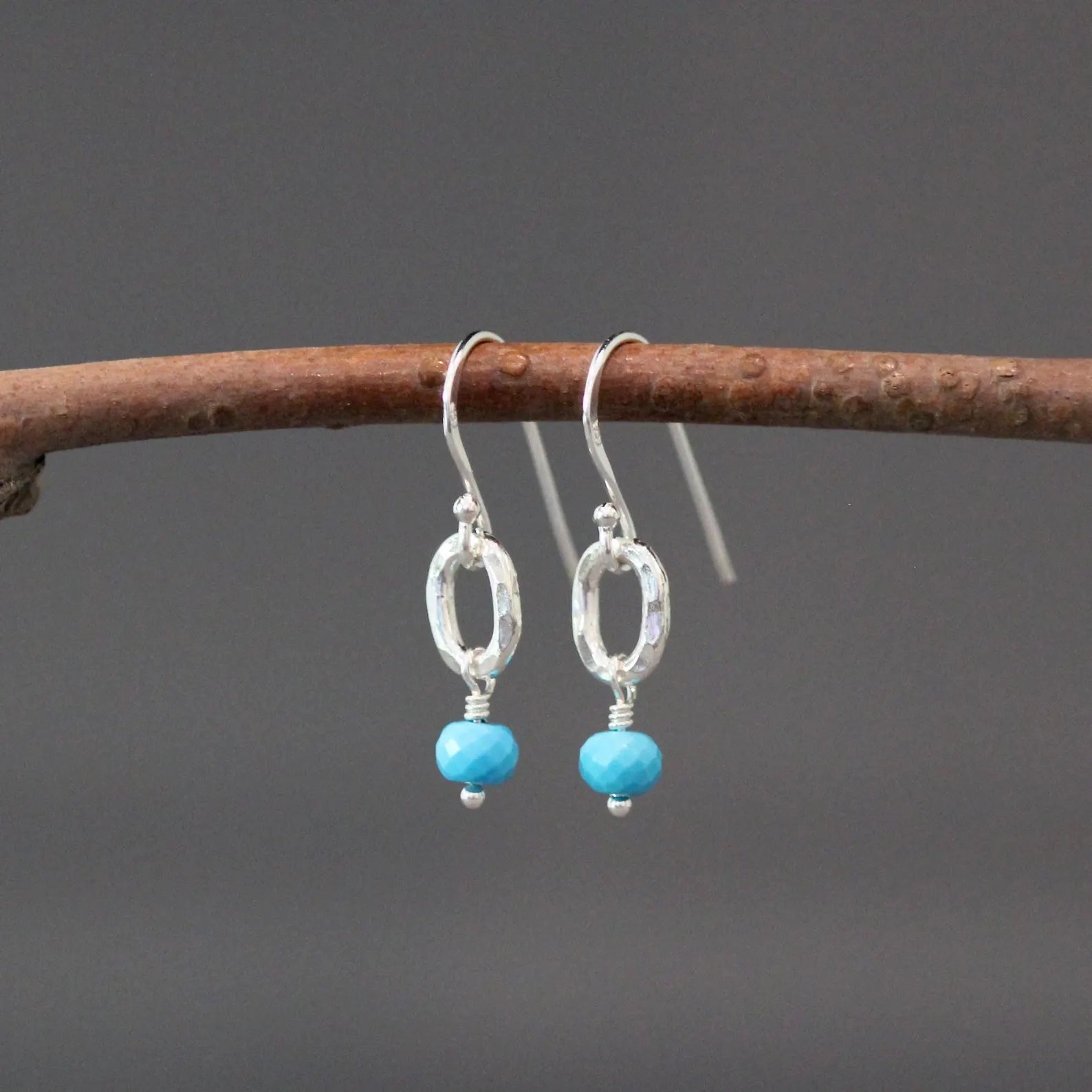 Blue Turquoise Button Stone Earrings on Sterling Silver
