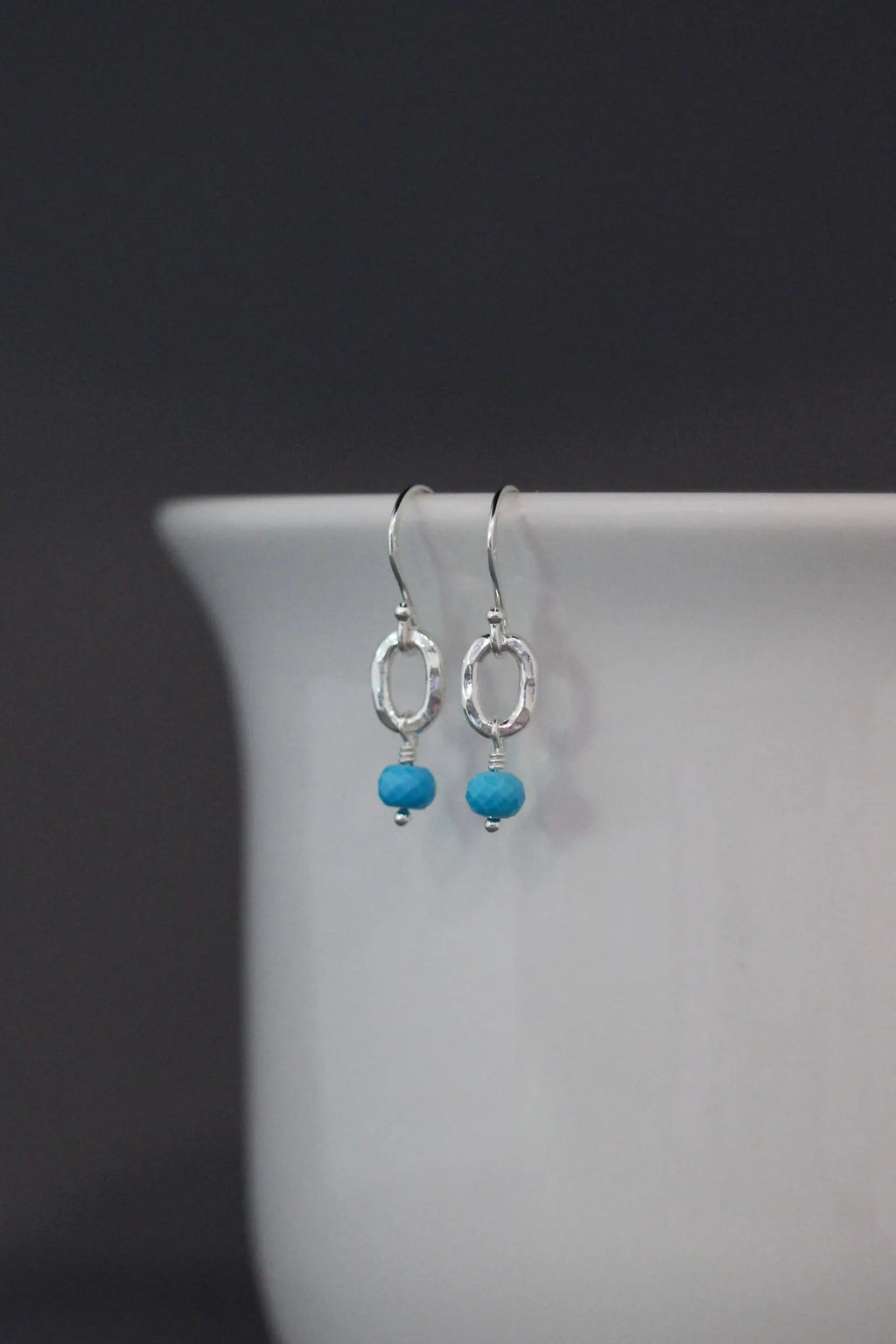Blue Turquoise Button Stone Earrings on Sterling Silver