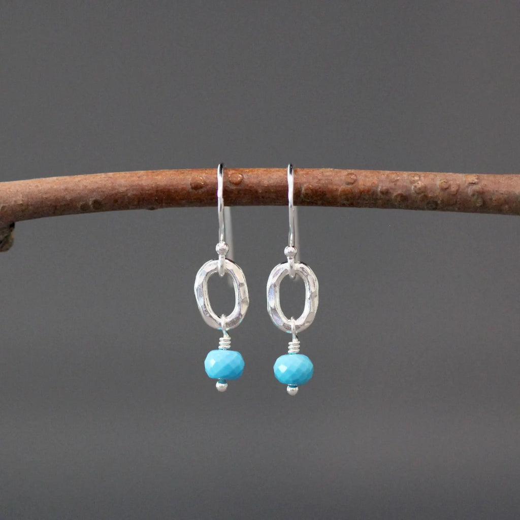 Blue Turquoise Button Stone Earrings on Sterling Silver