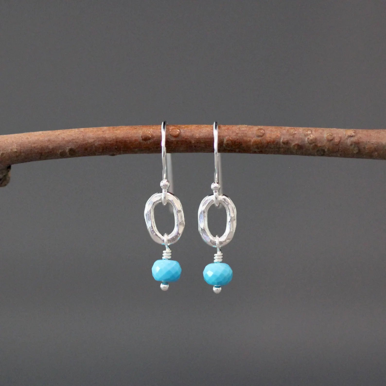 Blue Turquoise Button Stone Earrings on Sterling Silver