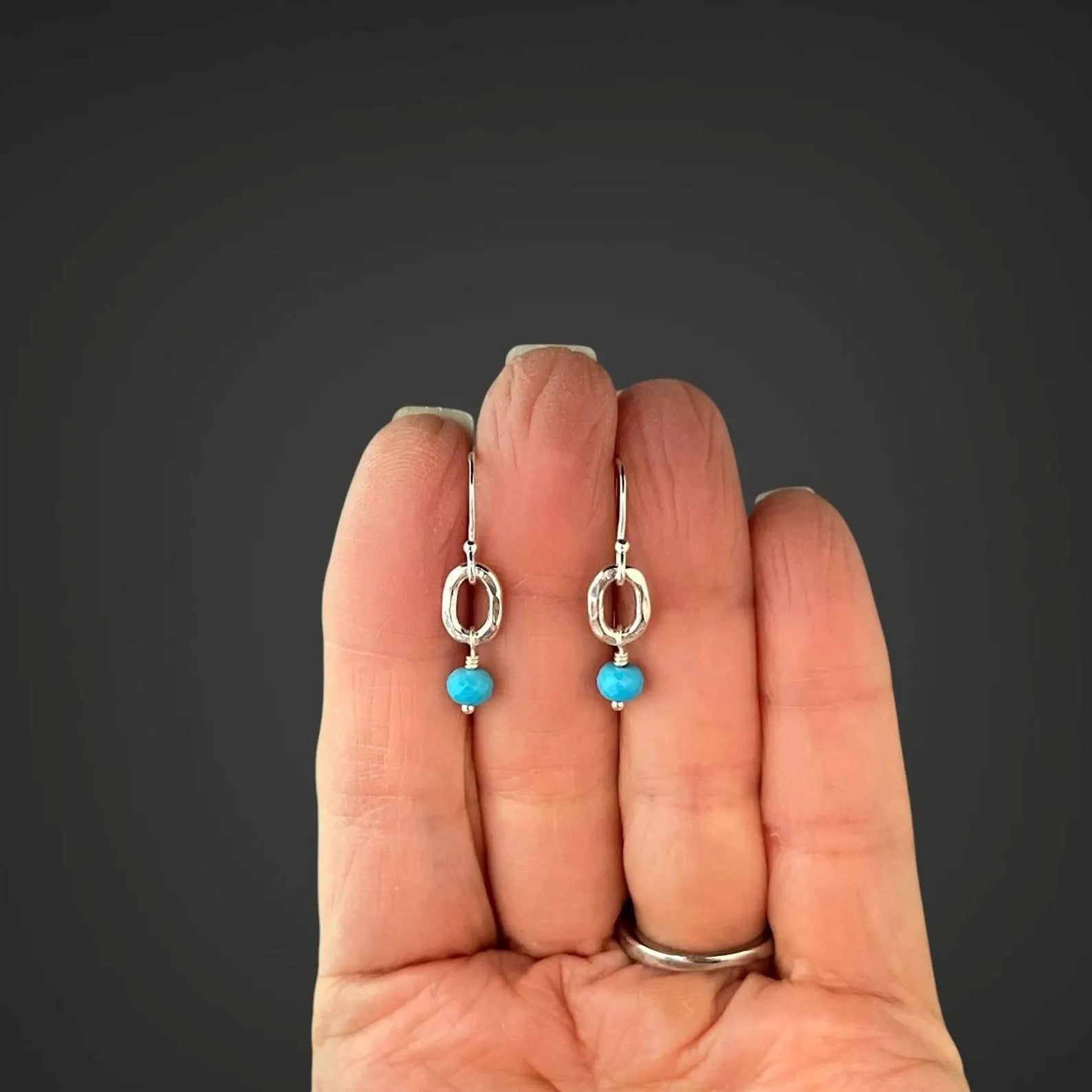 Blue Turquoise Button Stone Earrings on Sterling Silver