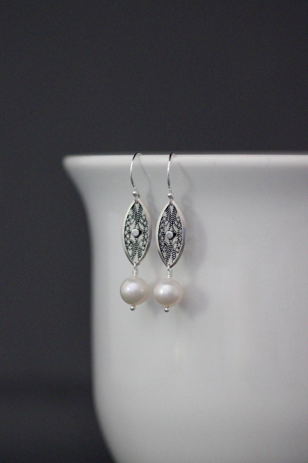 White Freshwater Pearl Earrings on Bali Silver Oval Links