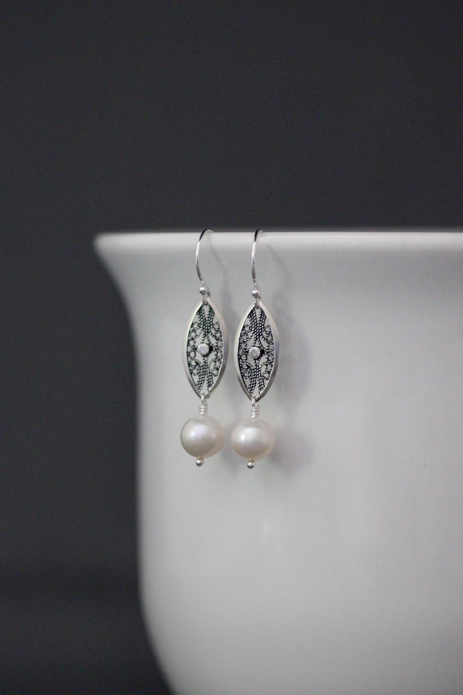 White Freshwater Pearl Earrings on Bali Silver Oval Links