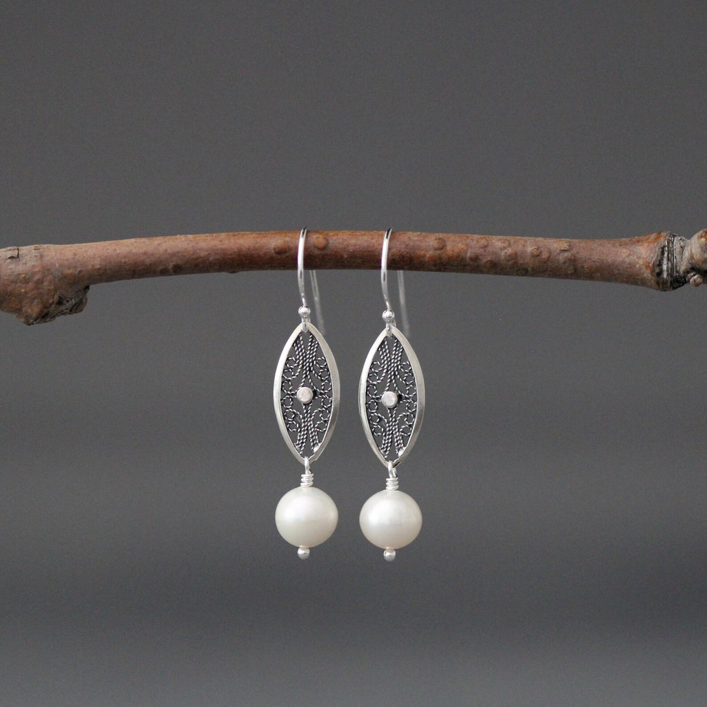 White Freshwater Pearl Earrings on Bali Silver Oval Links