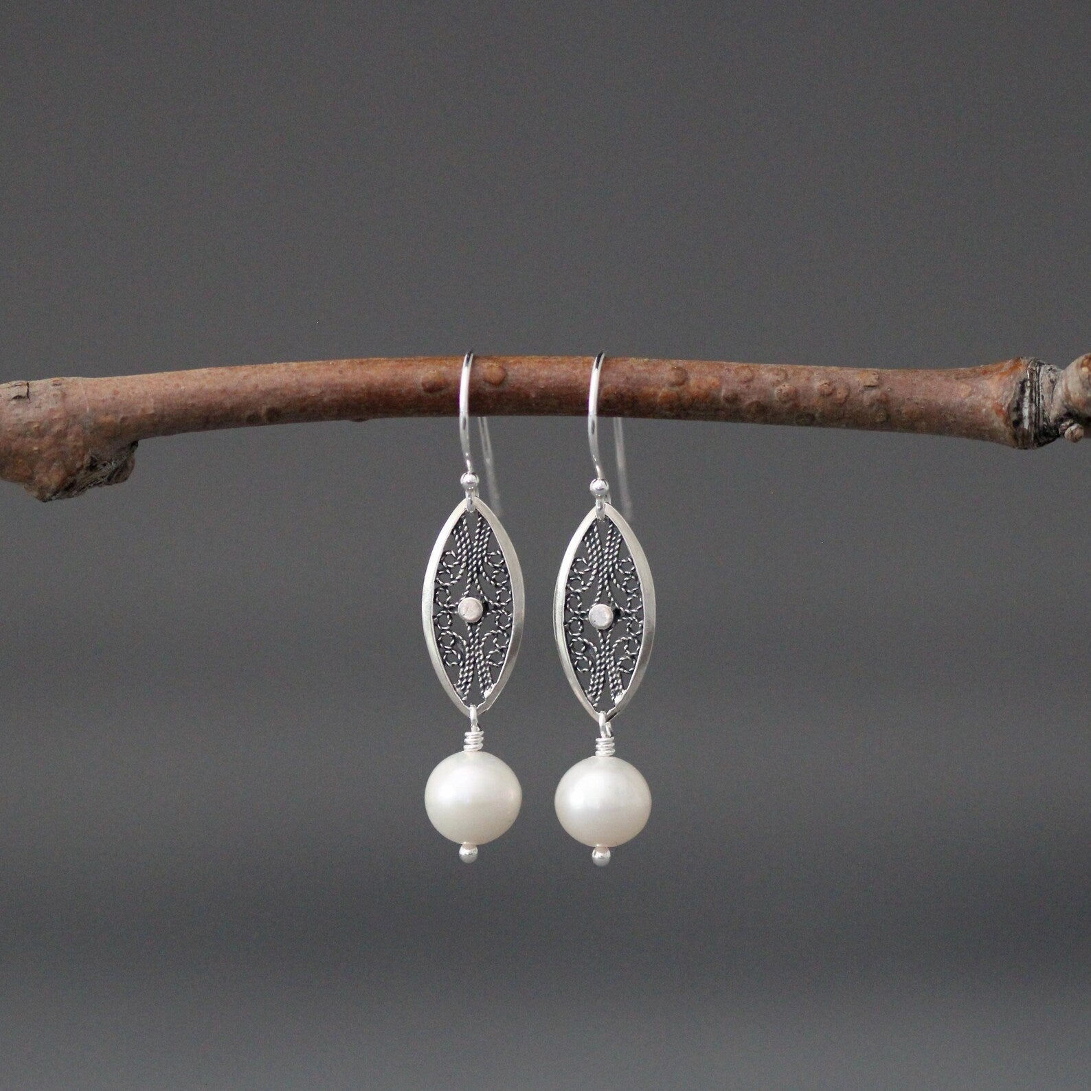 White Freshwater Pearl Earrings on Bali Silver Oval Links