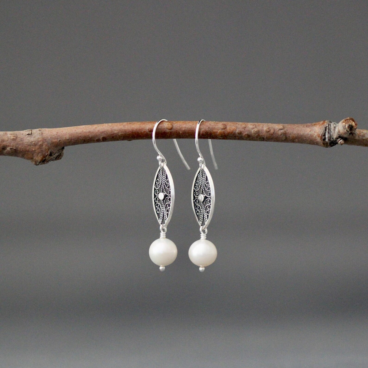 White Freshwater Pearl Earrings on Bali Silver Oval Links